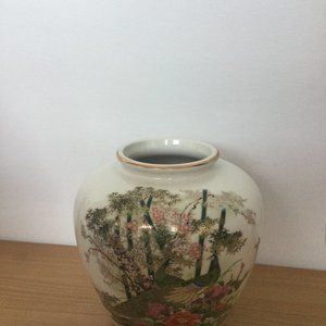 Japanese vase decorated with bamboo, flowers, peacocks, bird gold trimmed marked